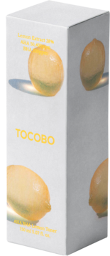 Tocobo AHA BHA Lemon Toner w białym pudełku z grafiką cytryn i żółtymi napisami, ujęcie pod kątem.