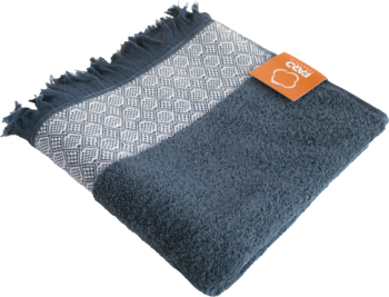 Ręcznik bawełniany 50x90 popielaty 500g/m², złożony, z frędzlami, widoczne obie tekstury i metka.