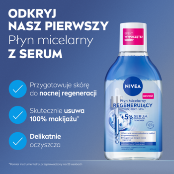 NIVEA Regenerujący Płyn Micelarny z 5% serum w przezroczystej butelce z niebieskim płynem i różową nakrętką.