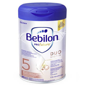 Puszka Bebilon PROfutura DUOBIOTIK 5, mleko modyfikowane junior dla przedszkolaka, niebiesko-biała, widok pod kątem.