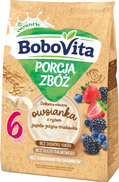 BoboVita Porcja Zbóż owsianka mleczna Jagoda-Jeżyna-Truskawka, widok z przodu brązowej torebki z owocami i zbożami.