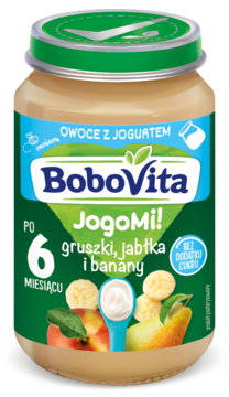 BoboVita JogoMi! deser w słoiczku, gruszka, jabłko, banan i jogurt dla niemowląt od 6 m-ca, widok przód.