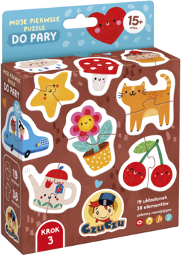 Moje pierwsze puzzle do pary Czuczu w brązowym pudełku, z kolorowymi obrazkami dwuelementowych układanek, widok z przodu.