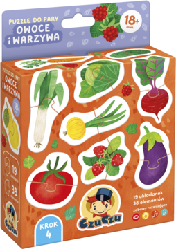 Kolorowe puzzle CzuCzu Owoce i Warzywa 18+ w pomarańczowym pudełku z grafikami roślin i logo.