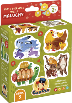 Czuczu Moje Pierwsze Puzzle Maluchy, zielone pudełko z 7 układankami zwierzętami dla dzieci 2+, widok z boku.