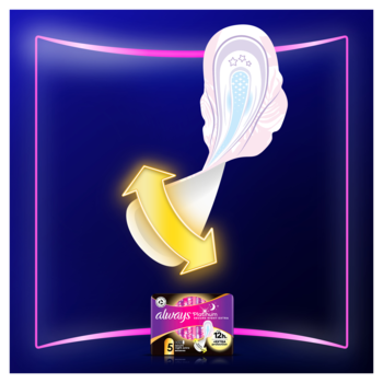 Always Platinum Secure Night Extra podpaska z tyłem dla ochrony nocnej, unosi się nad opakowaniem na ciemnym tle.