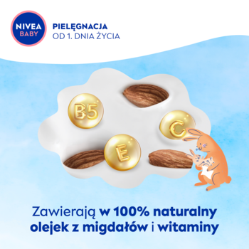 NIVEA BABY: ilustracja migdałów i witamin B5, C, E na mlecznej chmurze, symbol naturalnego składu.