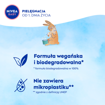 Nivea Baby: pielęgnacja od 1. dnia życia. Wegańska, biodegradowalna formuła, bez mikroplastiku.