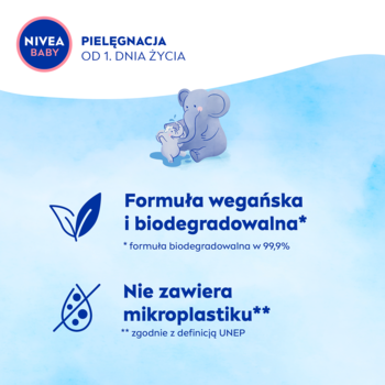 NIVEA BABY: grafika informacyjna o wegańskiej, biodegradowalnej formule i braku mikroplastiku w pielęgnacji.