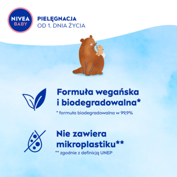 Infografika NIVEA BABY o pielęgnacji: formuła wegańska, biodegradowalna i bez mikroplastiku, z misiem.