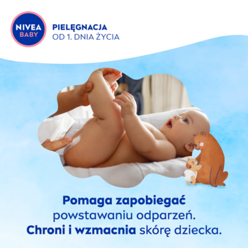 NIVEA BABY: dorosły pielęgnuje niemowlę, aplikując krem na odparzenia. Dla delikatnej skóry od 1. dnia życia.