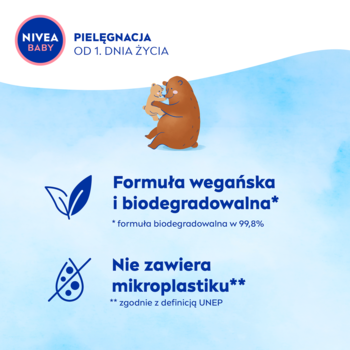 NIVEA BABY pielęgnacja od 1. dnia życia: wegańska i biodegradowalna formuła bez mikroplastiku.
