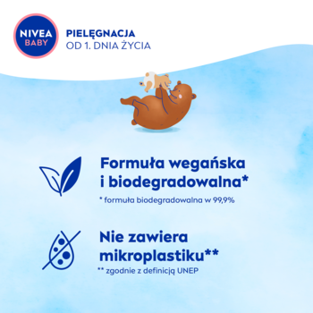 Grafika NIVEA BABY: formuła wegańska, biodegradowalna i bez mikroplastiku, z misiem na niebieskim tle.