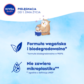 Nivea Baby: Niebieska grafika o wegańskiej formule, biodegradowalnej, bez mikroplastiku. Sowa z małą sówką.