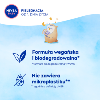 NIVEA Baby: grafika wegańskiej i biodegradowalnej formuły, bez mikroplastiku. Mała sowa śpi na chmurce.