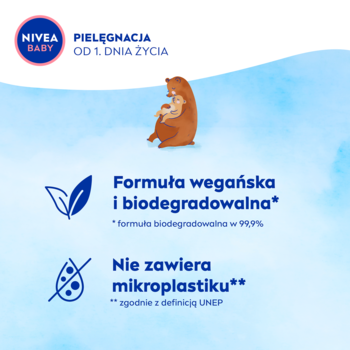 NIVEA BABY: grafika z misiem, informująca o wegańskiej, biodegradowalnej formule i braku mikroplastiku.