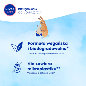 NIVEA Baby: etykieta z ilustracją królików i tekstem o wegańskiej, biodegradowalnej formule, bez mikroplastiku.
