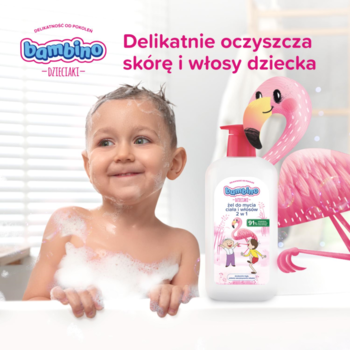 Bambino 2w1 żel do mycia dzieci Flaming 1000 ml, z dużą butelką i dzieckiem w pianie kąpielowej.