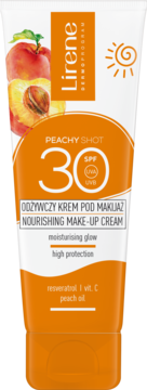 Lirene Peachy Shot Nourishing Make-Up Cream SPF 30, biało-pomarańczowa tubka z brzoskwiniami, widok z przodu.