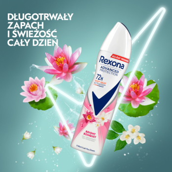 Rexona Advanced Protection Bright Bouquet antyperspirant 72h, biało-różowa butelka, otoczona kwiatami i neonem.