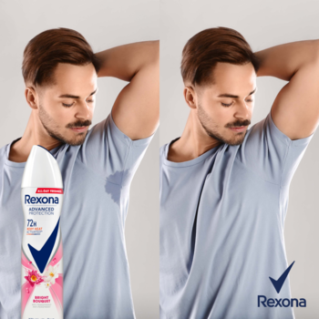 Rexona Advanced Protection Bright Bouquet spray. Mężczyzna przed i po użyciu, bez potu pod pachami.