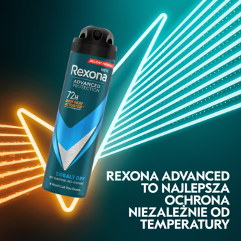 Męski antyperspirant Rexona Advanced Protection Cobalt Dry 72h w niebieskim sprayu, na tle neonowych świateł.