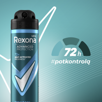Rexona Men Advanced Protection 72h antyperspirant spray, turkusowa puszka, widok z przodu, z symbolem kontroli potu.