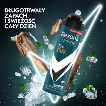 Rexona Men Advanced Protection Invisible B&W 72h spray, czarno-zielona butelka na tle lodu, mięty i drewna.