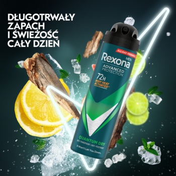 Antyperspirant Rexona Men Quantum Dry 72h, ciemnozielona butelka pionowo na tle cytrusów i lodu.