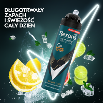 Rexona Men Sport Cool antyperspirant w sprayu na tle cytrusów i lodu, neonowe smugi światła.