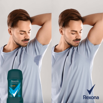 Rexona Men Cobalt Dry antyperspirant w sztyfcie, reklama z mężczyzną: pacha spocona i sucha po użyciu.