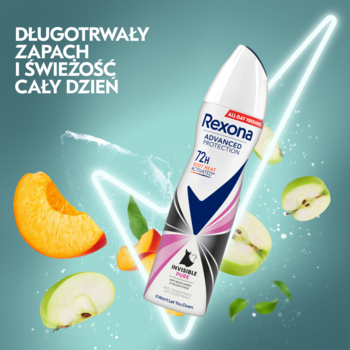 Antyperspirant Rexona Advanced Protection Invisible Pure 72h, biało-różowy spray, otoczony świeżymi jabłkami i brzoskwiniami.