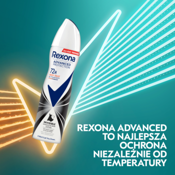 Rexona Advanced Protection damski antyperspirant Invisible Black & White 72h, butelka spray na tle neonowych linii.