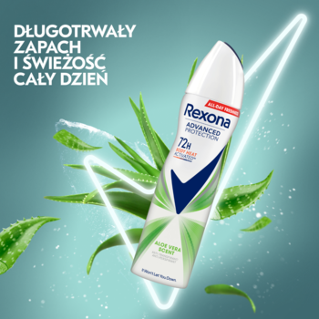 Rexona Advanced Protection Aloe Vera 72h antyperspirant w sprayu, biało-zielony, z liśćmi aloesu.
