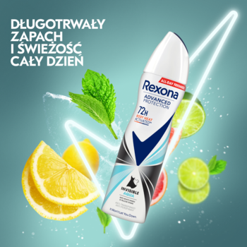 Antyperspirant Rexona Invisible Aqua 72h, biało-niebieski, otoczony cytrusami i miętą, na turkusowym tle.