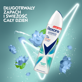 Rexona Advanced Protection antyperspirant w sprayu Shower Fresh 72h, biała butelka z niebieskim, na tle neonowych linii i kwiatów.