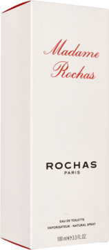 Madame Rochas Eau de Toilette, białe pudełko z czerwonym napisem i czarnym logo Rochas, widok pod kątem.