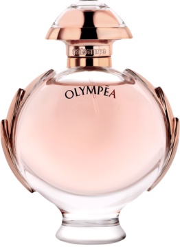 Paco Rabanne Olympea woda perfumowana dla kobiet w okrągłej butelce z jasnoróżowym płynem i elementami w kolorze różowego złota, widok z przodu.