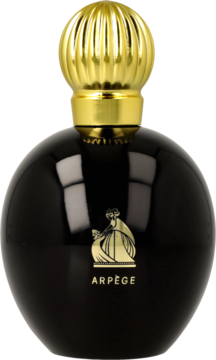 Lanvin Arpège EDP, czarna okrągła butelka ze złotą prążkowaną nakrętką i emblematem, widok z przodu.