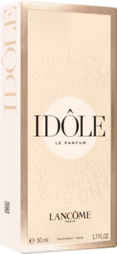 Złoto-beżowe pudełko Lancôme Idôle Le Parfum 50 ml, widoczne z przodu i lewego boku, z metalicznymi brzegami.