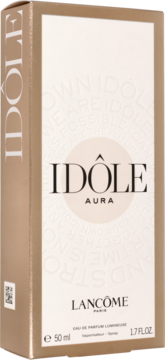 Złote opakowanie perfum Lancôme Idôle Aura 50ml, widok pod kątem, z napisem Idôle Aura na beżowej etykiecie.