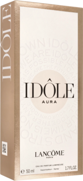 Lancôme Idôle Aura 50ml, złociste pudełko perfum o prostokątnym kształcie, z logo i pojemnością na froncie.