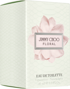 Jimmy Choo Floral EDT, pionowe zielone pudełko z motywem skóry węża i różową magnolią na etykiecie.