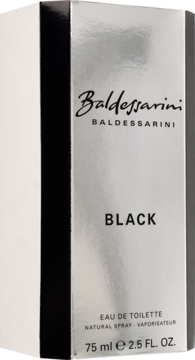 Srebrno-czarne pudełko perfum Baldessarini Black EDT 75ml, widoczne z przodu i z boku pod kątem.