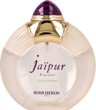 Perfumy Boucheron Jaipur Bracelet, okrągła butelka z prążkowaną podstawą i fioletowym korkiem, widok z przodu.