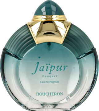 Boucheron Jaipur Bouquet EDP, okrągła szklana butelka z turkusową żeberkowaną nakrętką i złotym zdobieniem.