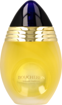 Elegancki flakon perfum Boucheron dla kobiet, woda perfumowana, żółte szkło, ciemnoniebieska nakrętka ze złotymi pierścieniami, widok z przodu.