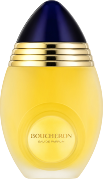 Boucheron Women EDP w żółtej, owalnej butelce z matowego szkła, granatowym korkiem, złotymi detalami, widok frontalny.