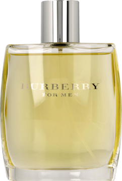 Męska woda toaletowa Burberry for Men w przezroczystej, lekko zaokrąglonej butelce z żółtym płynem, widok z przodu.