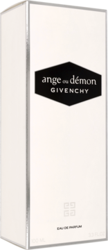 Pudełko perfum Givenchy Ange ou Démon 100ml, białe, z czarną etykietą i srebrnymi krawędziami, widok z przodu.
